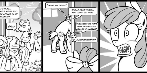 apple cutie_mark female feral food fruit gasp group innuendo misunderstanding plant quadruped shocked tail text walk-in young young_feral madmax friendship_is_magic hasbro my_little_pony apple_bloom_(mlp) applejack_(mlp) big_macintosh_(mlp) earth_pony equid equine horse mammal pony comic digital_media_(artwork) english_text greyscale monochrome