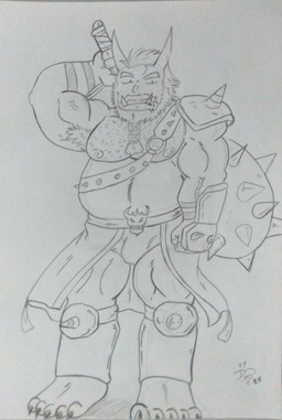 2_horns anthro areola arm_pads armor barazoku beard belly belt_accessory biceps big_belly big_muscles big_pecs body_hair bottomwear braided_beard bulge chest_hair clothing club_(weapon) facial_hair hair handwear holding_melee_weapon holding_object holding_weapon horn knee_pads looking_at_viewer male manly melee_weapon musclegut muscular muscular_anthro muscular_arms muscular_male nipples overweight overweight_male pecs shoulder_pads standing teeth weapon dashthefox asian_mythology east_asian_mythology japanese_mythology mythology demon oni yokai 2025 absurd_res hi_res traditional_media_(artwork)