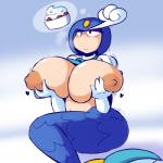 areola armor big_breasts breasts clothing cupcake female food headgear heart_symbol helmet holding_breast huge_breasts nipples simple_background solo split_form thought_bubble training fupoo capcom mega_man_(series) megaman_(classic) splash_woman animal_humanoid fish fish_humanoid humanoid marine marine_humanoid merfolk 1:1 2015