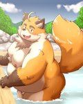 anthro balls belly big_belly blush detailed_background genitals kemono male micropenis moobs nipples open_mouth outside overweight overweight_male penis small_penis solo water debudave_12 tamacolle iyo_(tamacolle) canid canine fox mammal 2024 4:5 absurd_res hi_res