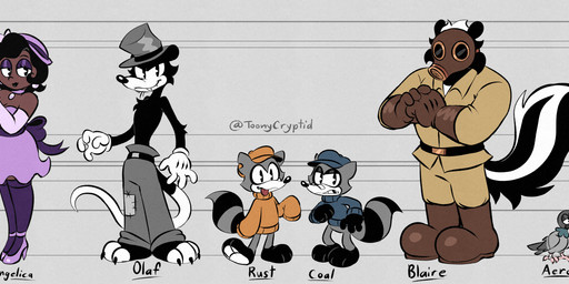 anthro armwear black_hair clothing dress elbow_gloves fedora female footwear gloves group hair handwear hat headgear headwear high_heels legwear male shoes thigh_highs toonycryptid aero_(toonycryptid) angelica_(toonycryptid) blaire_(toonycryptid) catoon_(toonycryptid) coal_(toonycryptid) eliza_(toonycryptid) olaf_(toonycryptid) rust_(toonycryptid) american_opossum avian bat bird columbid domestic_cat felid feline felis human mammal marsupial mephitid monotreme pigeon platypus procyonid raccoon skunk absurd_res hi_res