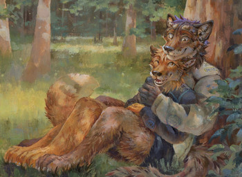 anthro anthro_on_anthro brown_body brown_eyes brown_fur clothed clothing detailed_background duo fangs fur hug male male/male open_mouth open_smile orange_body orange_eyes orange_fur outside plant side_view sitting smile teeth toony tree white_body white_fur akatan_art canid canine mammal detailed hi_res