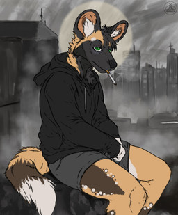 anthro black_body black_fur bottomwear brown_body brown_fur cigarette city city_background city_ruins clothing dipstick_tail duo fur green_eyes male markings ruins shorts tail tail_markings white_body white_fur atlasimperial african_wild_dog canid canine mammal hi_res