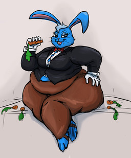 anthro belly belly_overhang belly_peek big_belly blue_body blue_fur blue_hair bottomwear bow_tie breasts buckteeth button_(fastener) carrot cleavage clothed clothing collared_shirt dress_shirt eating eating_food eyelashes feet female food fur gloves grey_background hair hand_on_hip handwear holding_carrot holding_food holding_object holding_vegetable huge_hips lidded_eyes looking_at_viewer obese obese_anthro obese_female open_mouth open_smile overweight overweight_anthro overweight_female pants plant shirt simple_background sitting smile smiling_at_viewer solo straining_buttons teeth thick_thighs tight_bottomwear tight_clothing tight_pants topwear undersized_clothing vegetable whiskers white_clothing white_gloves white_handwear wide_hips oda-lee lagomorph leporid mammal rabbit 2019 digital_media_(artwork) full-length_portrait hi_res mixed_media portrait