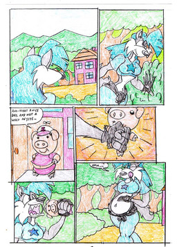 anthro belly blue_clothing blue_hair blue_shirt blue_topwear building clothing duo female female_pred hair house outside overweight shirt speech_bubble text topwear vore virus-20 wendy_wolf_(virus-20) canid canine canis domestic_pig mammal suid suine sus_(pig) wolf 2007 comic traditional_media_(artwork)