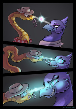 anthro clothing duo female grin hat headgear headwear heart_eyes heart_symbol hypnosis hypnotic_eyes male male/female mind_control ringed_eyes role_reversal smile tongue_wrap worried_look stirren dreamworks the_bad_guys doom_(the_bad_guys) mr._snake_(the_bad_guys) avian bird corvid corvus_(genus) oscine passerine raven reptile scalie snake comic hi_res