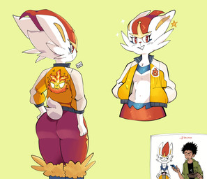ambiguous_anthro ambiguous_gender anthro big_butt blue_body blush blush_lines bottomwear butt cheek_tuft clothing duo facial_tuft fire fireball fluffy fluffy_tail fur hair hand_in_pocket holding_object jacket leg_tuft male male/ambiguous pockets red_body red_eyes red_fur red_hair red_nose simple_background smile tail teeth topwear tuft white_body white_fur yellow_body yellow_fur c0cobeanz nintendo pokemon cinderace generation_8_pokemon human lagomorph mammal pokemon_(species) absurd_res hi_res