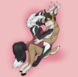 anthro antlers biped black_nose cuddling dipstick_tail duo female fur hair horn male male/female markings multicolored_tail nuzzling romantic romantic_couple straddling tail tail_markings white_hair caprisunvampire cam_hartley isabella_(isafluff) canid canine canis deer fox hybrid mammal new_world_deer white-tailed_deer wolf 2018 signature