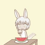 anthro bodily_fluids drooling female food fruit fur furniture hair melon plant plate saliva salt_shaker simple_background solo table tail tail_motion tailwag tan_body tan_fur watermelon watermelon_slice white_hair yellow_eyes epilepsy_warning raywow made_in_abyss nanachi mammal narehate 1:1 2_frame_animation animated high_framerate short_playtime