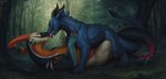 2024 black_horn blue_body dragon duo feral feral_on_feral forest hi_res horn kissing lostgoose lying_on_another male mythological_creature mythological_scalie mythology orange_eyes orange_horn plant scalie tail tree