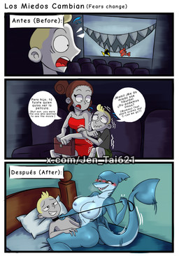 anthro anthro_penetrated bed breasts collar cowgirl_position dominant dominant_female duo female from_front_position furniture human_on_anthro human_penetrating human_penetrating_anthro interspecies male mature_female movie_theater nipples nude on_bottom on_top penetration scared sex sex_in_bed shark_teeth smug_face tail tail_motion tailwag text jen_tai621 disney finding_nemo pixar aquatic fish human mammal shark comic english_text hi_res spanish_text translated