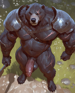 4_toes anthro armor balls biceps big_balls big_muscles big_pecs big_penis blind_eye claws deltoids feet foreskin fur genitals glans grass high-angle_view huge_muscles humanoid_genitalia humanoid_penis male manly mostly_nude mostly_nude_anthro mostly_nude_male musclegut muscular muscular_anthro muscular_male navel outdoor_nudity outside pauldron pecs penis pink_glans pink_penis plant retracted_foreskin rock scar shoulder_guards slightly_chubby solo standing thick_thighs toe_claws toes weapon alltro2 nameless_character bear mammal 2025 digital_media_(artwork) digital_painting_(artwork) full-length_portrait hi_res painting_(artwork) portrait