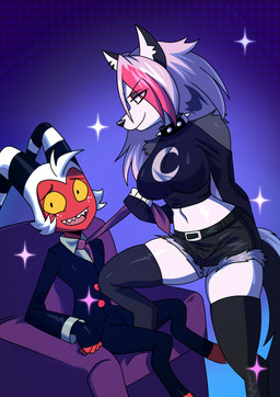 aged_down anthro bottomwear clothing female freckled_face freckles hair horn long_hair male necktie open_mouth shorts simple_background smile smirk striped_horn stripes kato777 hellaverse helluva_boss mythology loona_(helluva_boss) moxxie_(helluva_boss) canid canid_demon canine demon demon_humanoid hellhound horned_humanoid humanoid imp mammal mythological_canine mythological_creature absurd_res cover cover_art cover_page hi_res