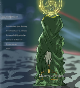 anthro balance_scale clothing dialogue male mysterious_figure occult_symbol outside robe sand sigil sky solo symbol text drstrangeluvve elden_ring elden_ring_nightreign fromsoftware libra_creature_of_night bovid caprine demon goat mammal english_text hi_res