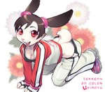 all_fours anthro biped black_hair blush bottomwear breasts cleavage clothed clothing female fingerless_gloves footwear fur gloves hair handwear kneeling looking_at_viewer open_mouth pants pink_nose red_eyes shoes simple_background smile solo text white_body white_fur uxiaoyu tekken tekken_4 ling_xiaoyu lagomorph leporid mammal rabbit