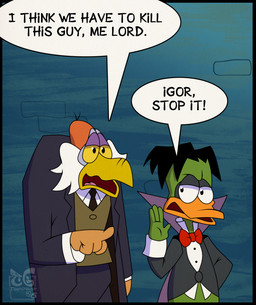 anthro beak clothed clothing dialogue duo green_body hair male open_mouth simple_background speech_bubble text toongrowner count_duckula_(series) i_think_we're_gonna_have_to_kill_this_guy count_duckula igor_(count_duckula) anatid anseriform avian bird duck vampire 2023 digital_media_(artwork) english_text hi_res meme reaction_image