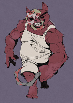anthro apron belly big_hands black_eyebrows black_eyes blood blood_on_mask bodily_fluids butcher claws clothed clothed_anthro clothing crooked_teeth drool_on_face drooling eyebrows fat_belly fur hook male markings mask muscular muscular_arms muscular_male red_body saliva scar short_fur simple_background skin_mask solo spots spotted_body spotted_fur teeth walking walking_towards_viewer minel_anteater mewgenics gein_(mewgenics) domestic_cat felid feline felis mammal hi_res