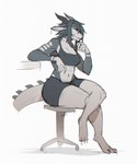 anthro arm_on_table athletic_wear breasts chair clothed clothing crossed_legs ear_piercing female furniture grey_body grey_hair grey_scales hair horn jewelry markings messy_hair multicolored_body multicolored_scales multicolored_skin muscular muscular_anthro muscular_female on_chair piercing scales simple_background sitting sitting_on_chair smile smirk solo spiked_tail spikes spikes_(anatomy) tail thick_thighs three-quarter_view white_background white_body white_markings white_scales notglacier mythology zel_(notglacier) dragon mythological_creature mythological_scalie scalie colored colored_sketch digital_drawing_(artwork) digital_media_(artwork) full-length_portrait hi_res portrait shaded simple_shading sketch