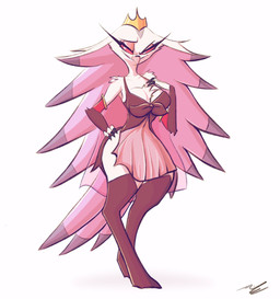 anthro beak big_breasts breasts clothing crown dress feather_hair feathers female hair headgear legwear long_hair pseudo_hair red_eyes smile smirk solo stockings tiara white_body white_hair adam_clowery hellaverse helluva_boss stella_(helluva_boss) avian bird demon 2024 hi_res