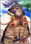 abs anthro armor blue_eyes brown_body brown_fur fur hair male mane muscular muscular_anthro muscular_male nipples pecs ponytail samurai scar solo unconvincing_armor warrior shillon0610 lifewonders live_a_hero toshu felid lion mammal pantherine hi_res