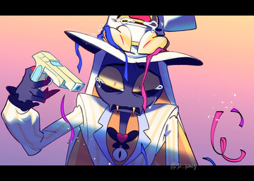 anthro bodily_fluids clothed clothing confetti crying fangs gun male ranged_weapon solo suicide_attempt tears teeth weapon yk_yomogi hazbin_hotel hellaverse sir_pentious'_hat sir_pentious_(hazbin_hotel) angel reptile scalie snake hi_res