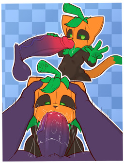 ambiguous_gender ambiguous_penetrated anthro anthro_on_anthro anthro_penetrated anthro_penetrating anthro_penetrating_anthro balls big_penis blue_background blush bodily_fluids body_blush checkered checkered_background clothing crotch_tuft duo fellatio female food for_a_head fruit genital_fluids genitals gesture green_eyes green_tongue hand_gesture huge_penis kissing leaking_precum legwear male male/ambiguous male_penetrating male_penetrating_ambiguous narrowed_eyes navel nude nude_anthro nude_female oral orange_body outline pattern_background penetration penile penis penis_blush penis_kissing plant precum pumpkin purple_balls purple_body purple_penis sex simple_background size_difference tears thick_thighs thigh_highs throbbing thrusting tongue tuft v_sign vein veiny_penis white_outline defunctumbra pumkat felid feline mammal object_head 2024 absurd_res hi_res