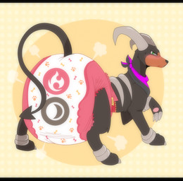 3_toes ambiguous_gender big_diaper black_body black_border black_fur black_nose blush blush_lines border claws clean_diaper clothed clothing cute_fangs diaper diaper_puff dotted_background fangs feet feral fur head_horn horn huge_diaper kerchief looking_at_viewer looking_back looking_back_at_viewer multicolored_body multicolored_clothing multicolored_fur neckerchief neckwear one_eye_obstructed orange_body orange_fur pattern_background pawpads pawprint_print pink_pawpads simple_background solo spade_tail tail teeth toes two_tone_body two_tone_clothing two_tone_fur wearing_diaper yellow_background jupiters nintendo pokemon generation_2_pokemon houndoom pokemon_(species) 2025 hi_res