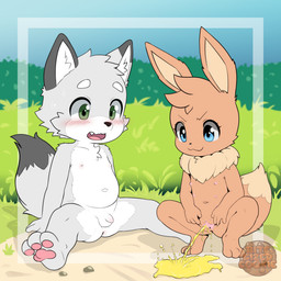anthro balls blush bodily_fluids brown_body brown_fur clitoris duo feet female female_peeing flaccid foreskin fur genital_fluids genitals hair humanoid_genitalia humanoid_penis loli male micropenis multi_nipple nipples nude open_mouth outdoor_nudity pawpads paws peeing peeing_on_ground peeing_outside penis pokemorph sitting small_penis smile spread_legs spread_vulva spreading tail teeth tight_foreskin toddler toes urine urine_on_ground urine_pool urine_stream vulva young young_anthro young_female young_male bitesizedcookie nintendo pokemon canid canine canis eevee generation_1_pokemon mammal pokemon_(species) wolf 1:1 digital_media_(artwork) hi_res