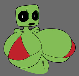 anthro big_breasts bikini bikini_top black_eyes breasts clothed clothing eyelashes female green_body grey_background huge_breasts navel partially_clothed pupils simple_background solo square_(anatomy) square_head swimwear three-quarter_view two-piece_swimsuit white_pupils lewdmaya microsoft minecraft mojang xbox_game_studios creeper_(minecraft) digital_media_(artwork) half-length_portrait portrait source_request unavailable_at_source