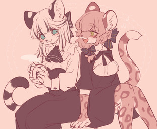 5_fingers anthro blush breasts clothed clothing container cup duo ear_tuft eye_contact female fingers fully_clothed green_eyes hair kemono long_hair looking_at_another medium_breasts open_mouth open_smile ribbons simple_background sitting smile snout tuft shiki_2p felid leopard mammal pantherine snow_leopard 2021