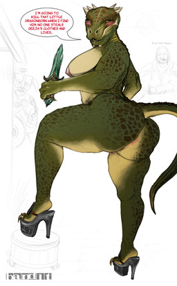 anthro anus areola barely_visible_anus big_areola big_breasts big_butt big_nipples blush blush_lines breasts butt clothing clothing_theft countershading dagger dialogue exposure_variation female footwear high_heels holding_dagger holding_melee_weapon holding_object holding_weapon looking_back mature_anthro mature_female melee_weapon mule_heels nipples non-mammal_nipples nude platform_footwear platform_heels shoes side_view solo stealing tail text thick_thighs weapon band1tnsfw bethesda_game_studios i'm_stuff microsoft skyrim the_elder_scrolls deeja dovahkiin farkas argonian lizard reptile scalie absurd_res digital_drawing_(artwork) digital_media_(artwork) english_text full-length_portrait hi_res portrait