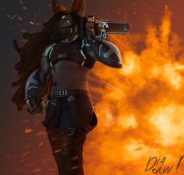 3_eyes anthro chainsaw clothed clothing dreadlocks fire looking_at_viewer male multi_eye muscular muscular_anthro muscular_male power_tool solo tools diadorin lagomorph leporid mammal rabbit
