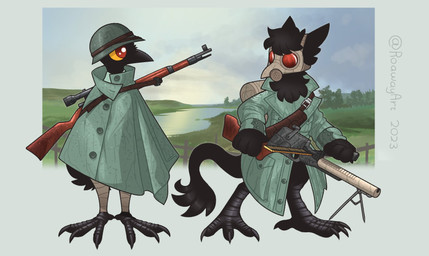 ambiguous_gender anthro armor claws cloak clothing duo gas_mask gun headgear helmet m1_helmet mask ranged_weapon rifle tail tail_tuft tuft uniform weapon roawayart mythology avian gryphon mythological_avian mythological_creature 2023 hi_res