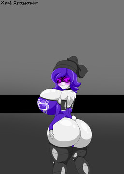 accessory arm_warmers armwear beanie big_breasts big_butt bow_(feature) bow_ribbon breasts bunny_costume butt butt_focus choker clothing costume elbow_gloves female fingerless_gloves gloves hair hair_accessory hair_bow hair_ribbon hand_on_butt handwear hat headgear headwear huge_butt jewelry machine necklace playboy_bunny purple_eyes purple_hair ribbons short_hair solo thick_thighs white_body xml_xrossover_(artist) glitch_productions murder_drones uzi_(murder_drones) humanoid robot robot_humanoid absurd_res hi_res
