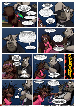 4_fingers accessory age_difference anthro biped black_nose bottomwear breasts brown_body brown_fur brown_nose brown_quills cleavage clothed clothed_anthro clothed_female clothed_male clothing conjoined_speech_bubble copyright_symbol countershade_snout countershading dialogue dipstick_ears dress duo ear_markings eyebrows eyewear female female_anthro fingers fully_clothed fully_clothed_anthro fully_clothed_female fully_clothed_male fur furry_problems glasses gloves_(marking) hair headband humanoid_hands inside jewelry linked_speech_bubble looking_at_another male male/female male_anthro markings messy_hair multicolored_ears necklace page_number pants patreon_logo patreon_username pupils quill_hair quills_(anatomy) shirt sitting snout sound_effects speech_bubble spikes symbol t-shirt tan_body tan_fur teeth text tongue topwear wearing_glasses eric_schwartz patreon doug_(ews) holly_(ews) canid canine canis domestic_dog herding_dog hybrid mammal pastoral_dog porcupine rodent welsh_corgi wolf wolfdog 2021 artist_name comic dated english_text hi_res url