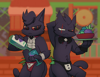 anthro black_body black_fur blind_eye bulge clothing duo fur male red_eyes scar speedo swimwear mousesix cult_of_the_lamb massive_monster_(studio) aym_(cult_of_the_lamb) baal_(cult_of_the_lamb) domestic_cat felid feline felis mammal brother_(lore) brothers_(lore) sibling_(lore)