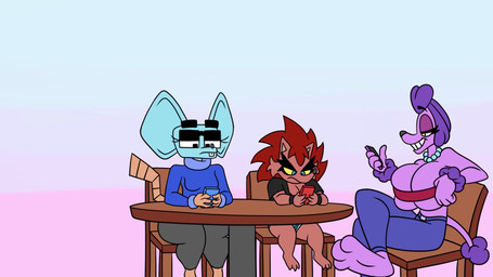 angry anthro big_breasts black_clothing black_eyebrows black_shirt black_topwear blue_body blue_eyes blue_fur bottomwear bouncing_breasts bra breasts buckteeth cellphone chair clothed clothed_anthro clothed_female clothing electronics eyebrows eyelashes eyewear female fully_clothed fully_clothed_anthro fully_clothed_female fur furniture gem glasses green_bottomwear green_clothing green_skirt grey_bottomwear grey_clothing grey_pants group holding_cellphone holding_object holding_phone holding_smartphone huge_breasts jewelry jiggle_physics laugh looking_at_cellphone looking_at_object looking_at_phone necklace ojou_laugh pants pearl_(gem) pearl_necklace phone pink_body pink_clothing pink_fur pink_shirt pink_topwear quills_(anatomy) red_body red_bra red_clothing red_fur red_quills red_underwear sharp_teeth shirt skirt smartphone smug table teeth thick_eyebrows topwear underwear unimpressed wearing_glasses white_sclera wool_hair yellow_eyes yellow_sclera protagon sheepish_(series) amelia_hedge cindy_muroid clara_soffers penelope_de_caniche bovid canid canine canis caprine domestic_dog eulipotyphlan hedgehog mammal mouse murid murine poodle rodent sheep 16:9 2025 animated hi_res long_playtime no_sound video widescreen