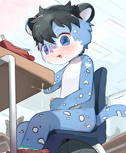 anthro black_hair blue_body blue_fur blush bodily_fluids bottomwear bottomwear_down chair classroom clothed clothing cum cumshot detailed_background ejaculation foreskin fur furniture genital_fluids genitals hair humanoid_genitalia humanoid_penis hypnosis hypnotic_eyes male masturbation mind_control mostly_nude nipples on_chair partially_clothed penis public public_masturbation public_nudity saliva_on_face school shorts shorts_down sitting sitting_on_chair solo young young_anthro young_male yupa guava_whitebird_(saintkoopa) felid mammal pantherine snow_leopard 2023