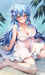 big_breasts blue_hair breasts cleavage clothed clothing female hair not_furry partially_submerged solo wet wet_body wet_clothing pinki_o64 hololive vtuber yukihana_lamy elf humanoid hi_res