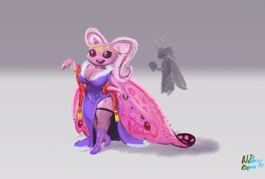 annoyed antennae_(anatomy) anthro big_breasts bracelet breasts cleavage clipboard clothed clothing coat dress duo female holding_clipboard holding_object jewelry lab_coat non-mammal_breasts open_mouth open_smile princess ring royalty scientist shortstack shortstack_female smile solo_focus topwear wings napalm_express arthropod insect lepidopteran moth 2017