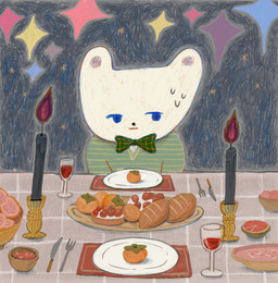 alcohol ambiguous_gender anthro beverage bread candle clothing cutlery dinner food fork fruit green_clothing green_ribbon green_shirt green_topwear kemono kitchen_utensils knife orange_(fruit) plant ribbons shirt solo star strawberry tools topwear wine rynoook bear mammal hi_res sketch