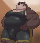 anthro belly big_belly blush brown_body bulge humanoid_hands kemono male musclegut muscular overweight overweight_male solo wrestling_singlet 00murice bear mammal 2022