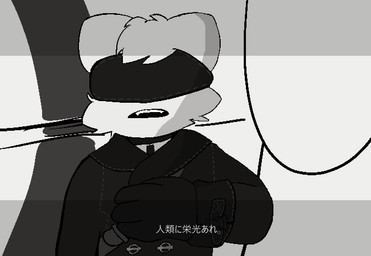 ambiguous_anthro ambiguous_gender anthro black_blindfold black_clothing black_coat black_topwear blindfold clothed clothed_ambiguous clothed_anthro clothing coat cosplay crossover_cosplay dialogue fur hair hand_on_chest neutral_expression open_mouth pointy_ears prick_ears scene_parody sensory_deprivation slim_ambiguous slim_anthro solo text topwear white_body white_fur white_hair 4chan_anon unknown_artist casualties:_unknown nier_automata platinumgames yorha_9s gunsawian milky_(gunsawian) 2026 aliasing crossover digital_drawing_(artwork) digital_media_(artwork) english_description half-length_portrait japanese_text portrait translation_request