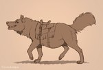 belly big_belly female feral looking_aside looking_at_viewer mount orange_background pregnant saddle side_view simple_background solo tail walking folvondusque mythology canid canine canis mammal mythological_creature warg wolf monochrome