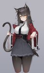 belt bottomwear breasts brown_hair clothed clothing ear_piercing ear_ring female fully_clothed grey_background hair hand_on_tail long_hair necktie piercing ring_piercing simple_background skirt solo tail yellow_eyes preecho arknights hypergryph studio_montagne skyfire_(arknights) animal_humanoid cat_humanoid felid felid_humanoid feline feline_humanoid humanoid mammal mammal_humanoid 2020 hi_res