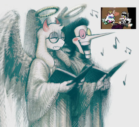 annoyed anthro aureola black_hair book clothing droopy_eyes duo eyes_closed eyewear feathered_wings feathers fur glasses goat_ears hair half-closed_eyes head_tuft holding_book holding_object horn long_nose male multicolored_eyewear multicolored_glasses musical_note musical_symbol narrowed_eyes red_horn robe simple_background singing symbol tuft white_background white_body white_clothing white_fur white_robe white_wings wings srbt08 deltarune undertale_(series) ralsei spamton_g._spamton bovid caprine darkner goat humanoid living_puppet mammal 2026