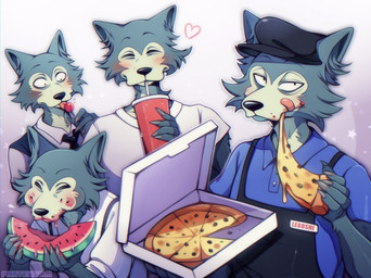 anthro beverage blush bodily_fluids candy claws clothed clothing dessert drinking drinking_straw eating food fruit fur grey_body grey_fur hat headgear headwear heart_symbol licking licking_lips licking_own_lips lollipop male melon name_tag pizza plant self_lick simple_background solo tongue tongue_out watermelon watermelon_slice pirateyoukai beastars legoshi_(beastars) canid canine canis mammal wolf 2020 hi_res