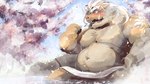 anthro bathing belly blush brown_body detailed_background humanoid_hands kemono male musclegut muscular navel overweight overweight_male sitting solo tattoo towel water hachirouta mammal suid suine sus_(pig) wild_boar 16:9 2024 hi_res widescreen