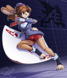 ace_of_diamonds anthro blue_clothing blue_hat blue_headwear blue_jacket blue_topwear bottomwear brown_body brown_fur brown_hair buckteeth card clothing female footwear fur gloves green_eyes hair handwear hat headgear headwear jacket light looking_aside necktie outline pants playing_card red_bottomwear red_clothing red_necktie red_pants running shadow shirt shorts socks solo tail teeth text topwear white_clothing white_gloves white_handwear white_outline white_shirt white_topwear unnotablejulz rivals_of_aether lagomorph leporid mammal rabbit 2022 artist_name dated hi_res lighting signature