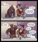 absurd_res anthro barely_visible_genitalia barely_visible_penis black_border blake_(thepurp) border bottomless bottomless_male bow_tie canid canine canis casual_exposure cervine claws clothed clothing comic container cuffs_(clothing) cup deer dialogue dobermann domestic_dog duo english_text flaccid garter_straps genitals hi_res kitchen kitchen_utensils luca_(thepurp) male mammal muscular muscular_male pecs penis pinscher sika_deer smile speech_bubble text thepurp tools topwear topwear_only vest vest_only